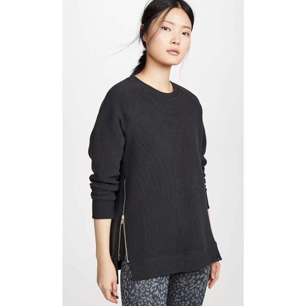Varley Women's Manning Ribbed Crew Sweatshirt Black Size XS Side Zip Pullover